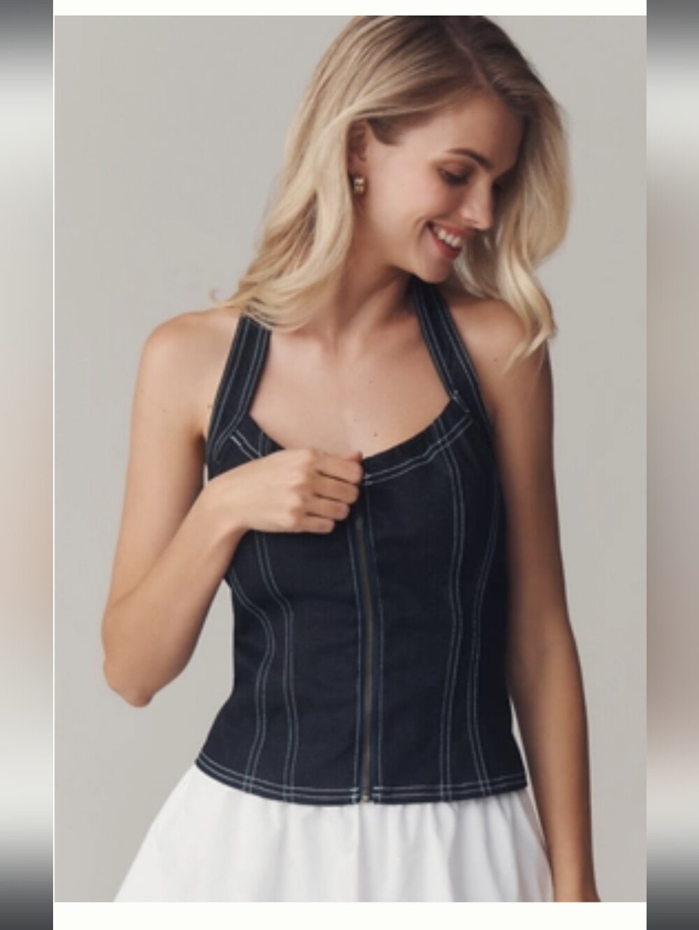 Pilcro Denim Halter Zip-Front Tank Top in Dark Blue